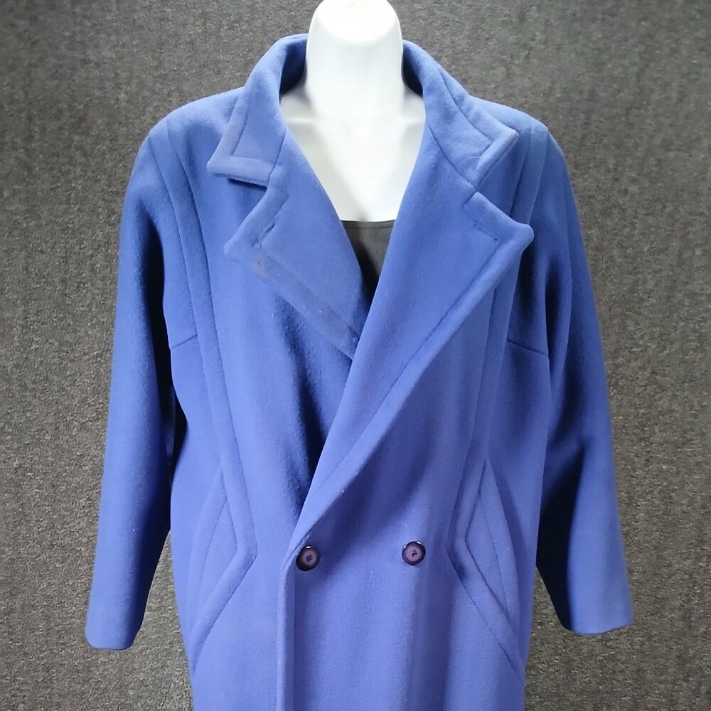 Vintage Blue Wool Coat with Sculpted Seaming & Purple Lining